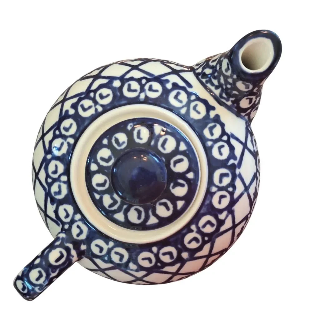 Polish Pottery Authentic Bolesławiec Teapot Hand Made 16 Oz 1 Pint BLUE 2 cups